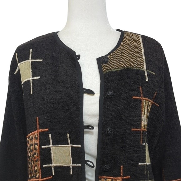 Vintage 90s Black Tapestry Jacket Geometric Animal‎ Print Patches Artsy Large - Picture 6 of 14